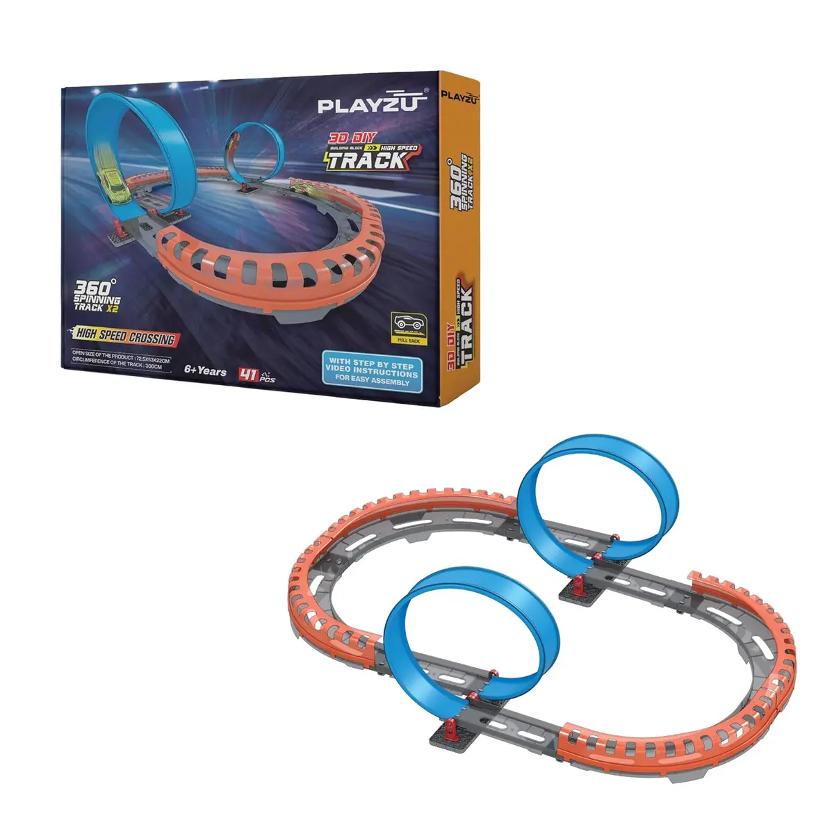 Playzu High Speed Pull Back -2A 41 Pcs Double 360 Degree Loops Racing Track Game With Building Block Sets And One Strong 1:64 Scaled Pull Back Car For Ages 6+ 1
