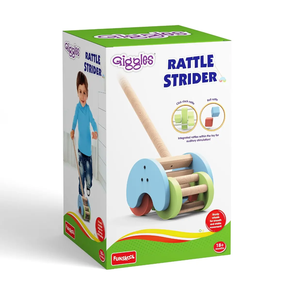 Funskool Giggles Rattle Strider Wooden,Push Along Toy, With Detachable Handle, Ideal For Toddlers Ages 18Months And Above 1