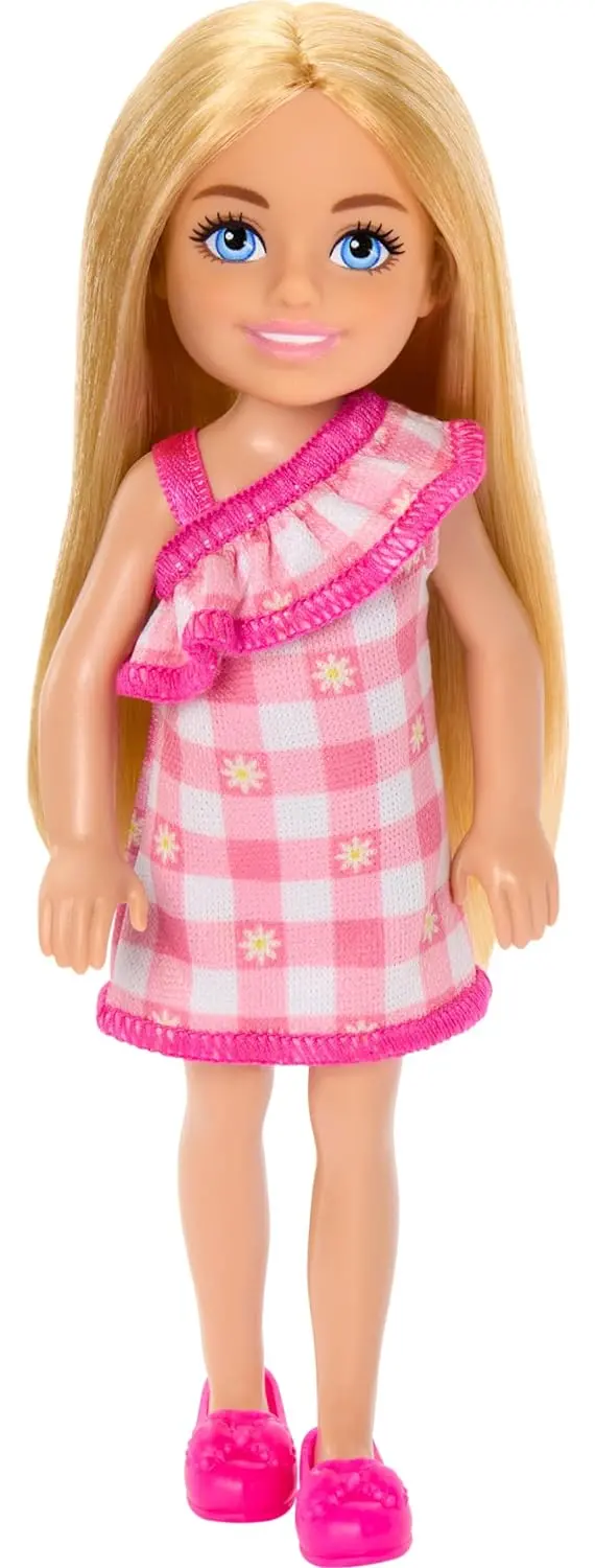 Barbie Chelsea Doll, Small Doll Wearing Removable Checked Dress & Pink Shoes With Blonde Hair & Blue Eyes 1