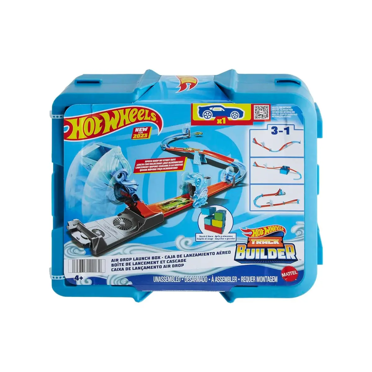 Hot Wheels Track Set, Blue Deluxe Track Builder Pack With Wind-Themed Accessories In Stackable Toy Storage Box With 1 Hot Wheels Car 1