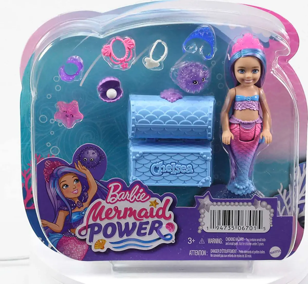 Barbie Chelsea Mermaid Power Doll With Blue & Purple Hair & 2 Ocean Pets & Treasure Chest Accessories 2