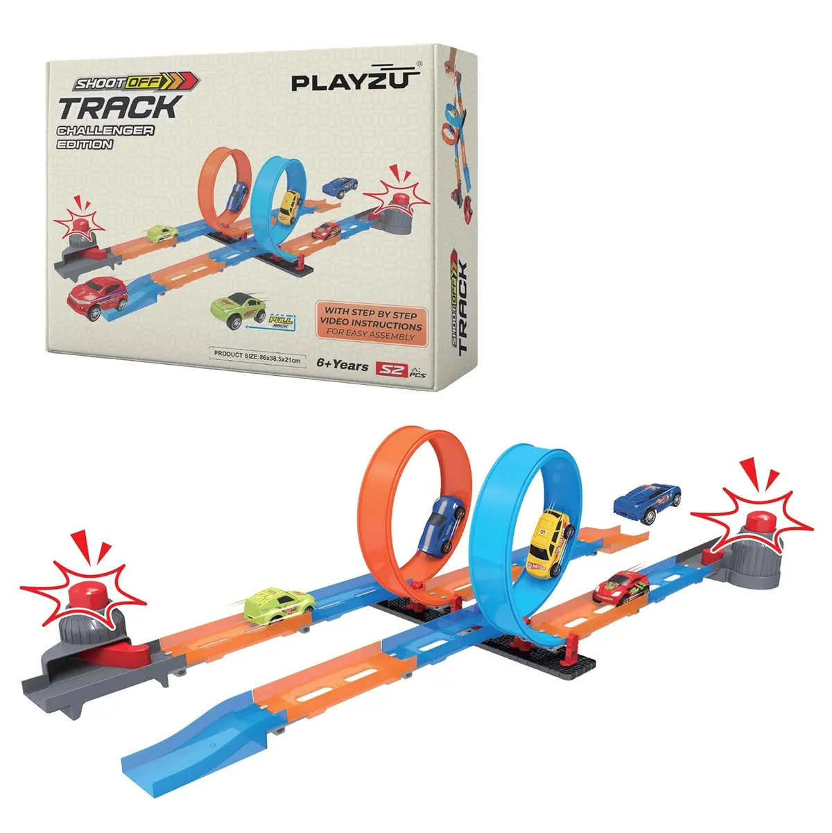 Playzu Shoot Off Challenger Edition Track Set, 52 Pcs Single Twist Loop & 2 Car Track Play Set For 2 Players Ages 6+ 1