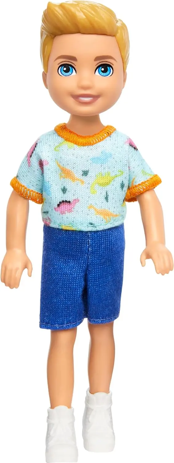 Barbie Chelsea Doll, Small Boy Doll Wearing Removable One-Piece With Dinosaur Print & White Shoes, Blond Hair & Blue Eyes 1
