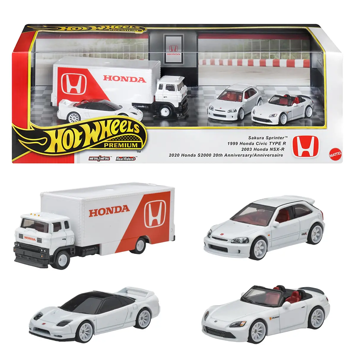 Hot Wheels Premium Honda Series Display Set Pack With 1:64 Scale Cars & 1:64 Scale Team Transport Vehicle Including Metal Chassis & Real Riders Tires For Collectors 1