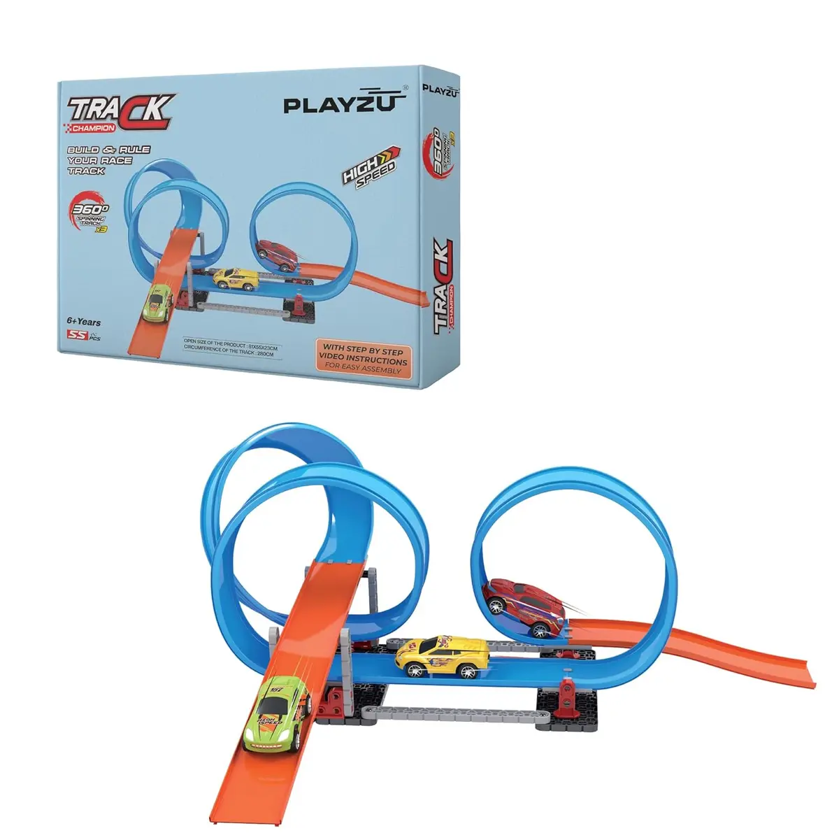 Playzu 55 Pcs Triple 360 Degree Loops Racing Track Game With Building Block Sets And One Strong 1:64 Scaled Pull Back Car For Ages 6+ 1
