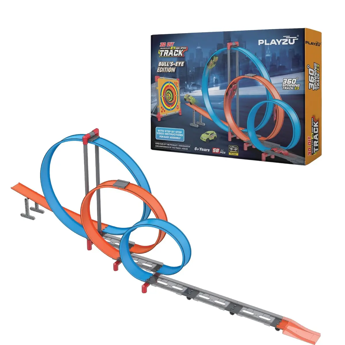 Playzu High Speed Pull Back -3A 59 Pcs Triple 360 Degree Loops Racing Track Game With Building Block Sets And Two Strong 1:64 Scaled Pull Back Cars For Ages 6+ 1