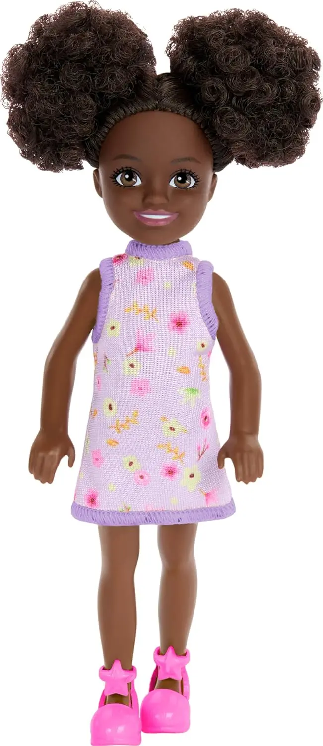 Barbie Chelsea Doll, Small Doll Wearing Removable Purple Floral Dress & Pink Shoes With Space Buns & Brown Eyes 1