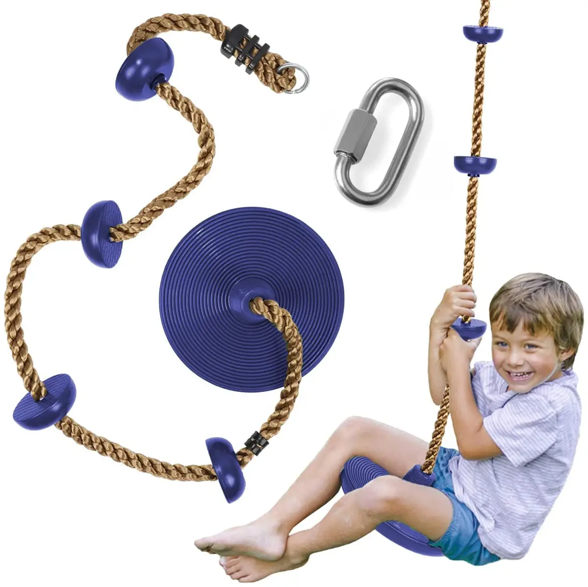 Reznor Plastic Platforms Disc Tree Swing Seat Climbing Knot Rope With Carabiner Hook For Kids, Blue 1