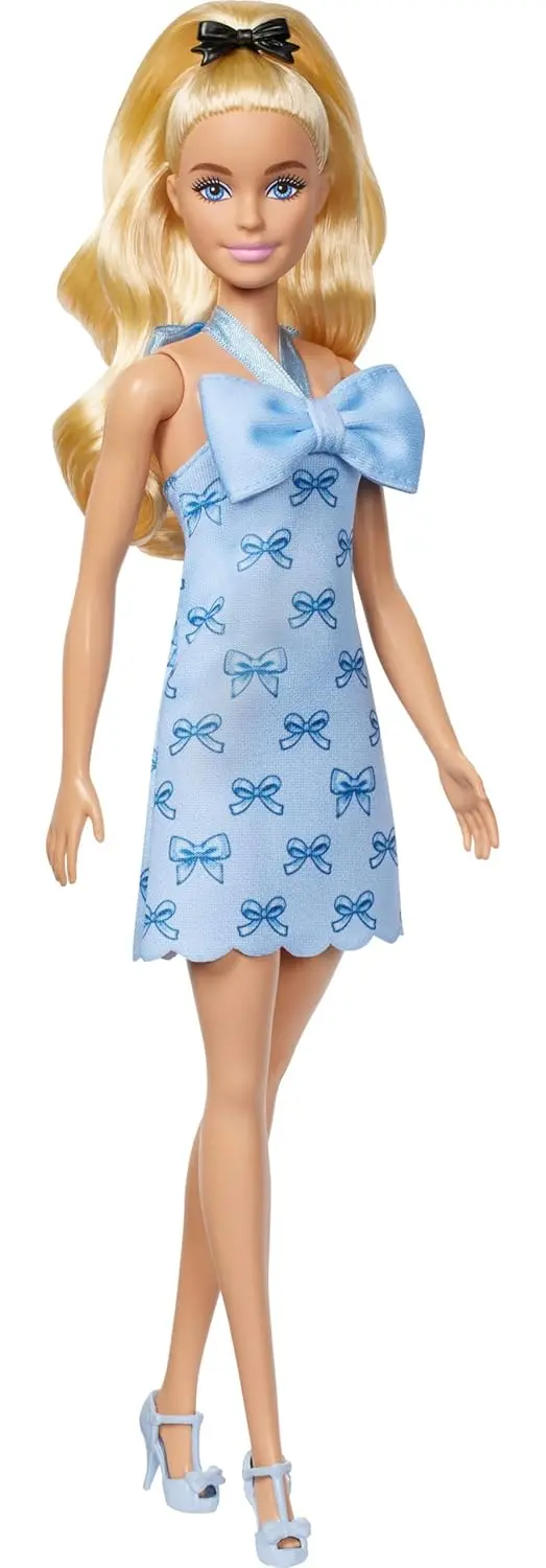 Barbie Fashionistas Doll #237 In Blue Bow Halter Dress, Blonde Ponytail With Bow Accessory For Kids Ages 3+ 1