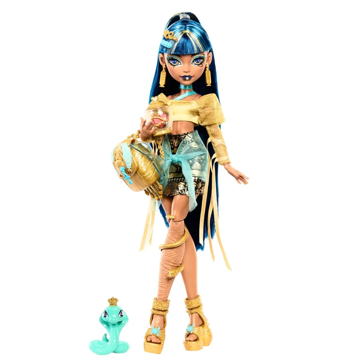 Monster High Cleo De Nile Doll In Golden Blouse And Layered Skirt, Includes Pet Cobra Hissette And Accessories Like A Backpack, Snack And Scroll 1