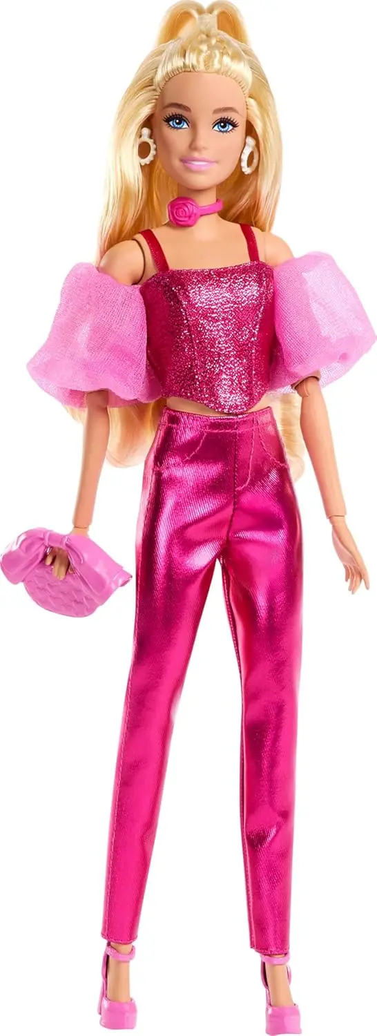 Barbie Deluxe Style Doll #5 In Metallic Pink Outfit, Blonde Hair, Sparkly Corset Top And Shiny Pants With Accessories Like Rose Necklace And Handbag 1