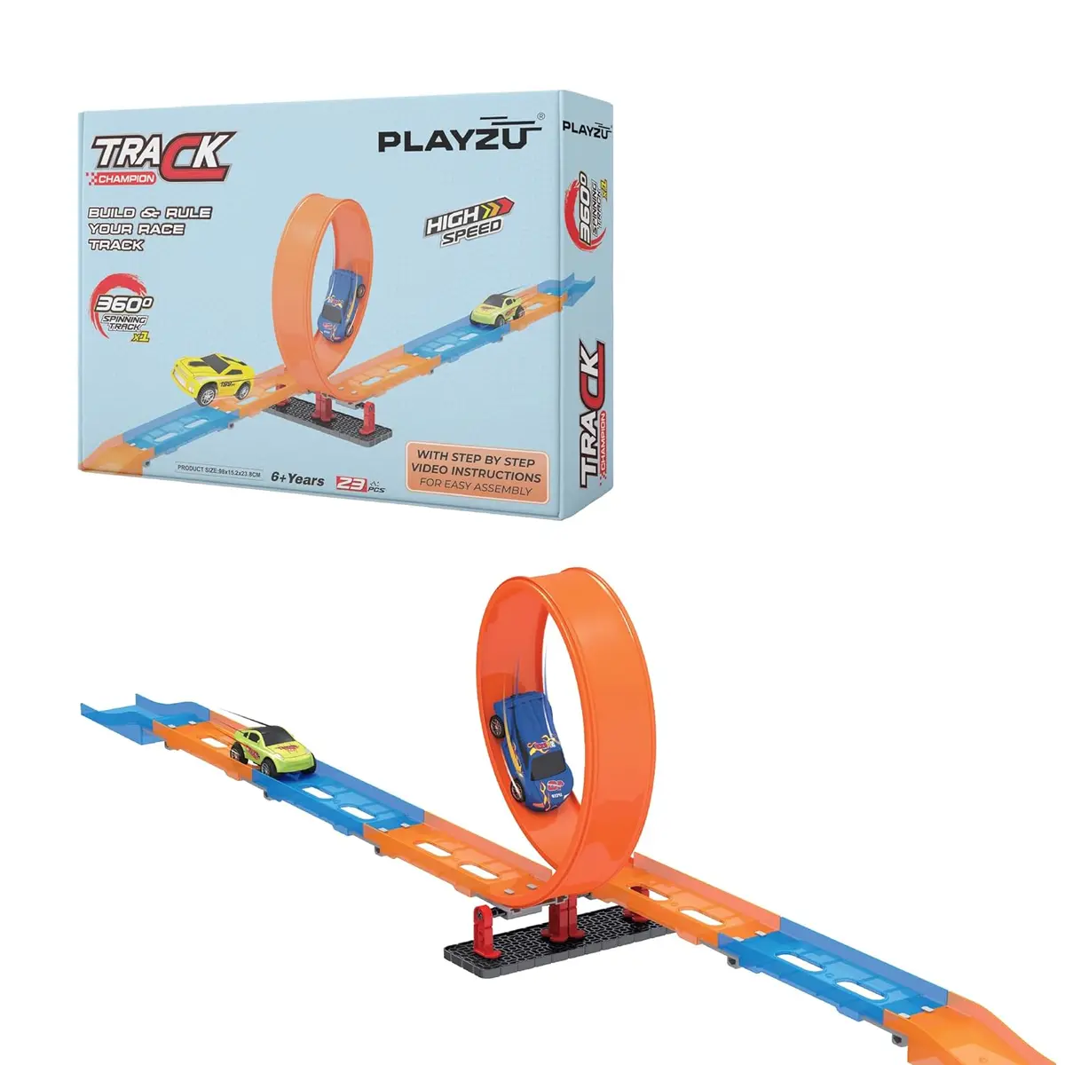 Playzu 23 Pcs Single 360 Degree Loop Racing Track Game With Building Block Sets And One Strong 1:64 Scaled Pull Back Car And Track Easy To Assemble For Ages 6+ 1