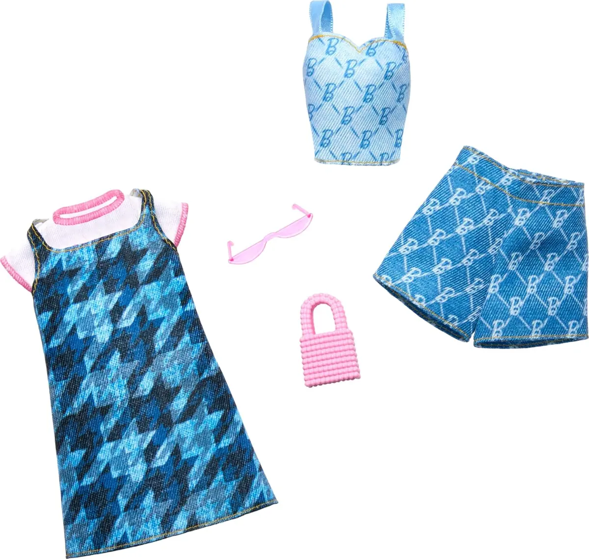 Barbie Fashion 2-Pack, Blue Denim Dress, Top, And Shorts, Pink Sunglasses And Purse 1