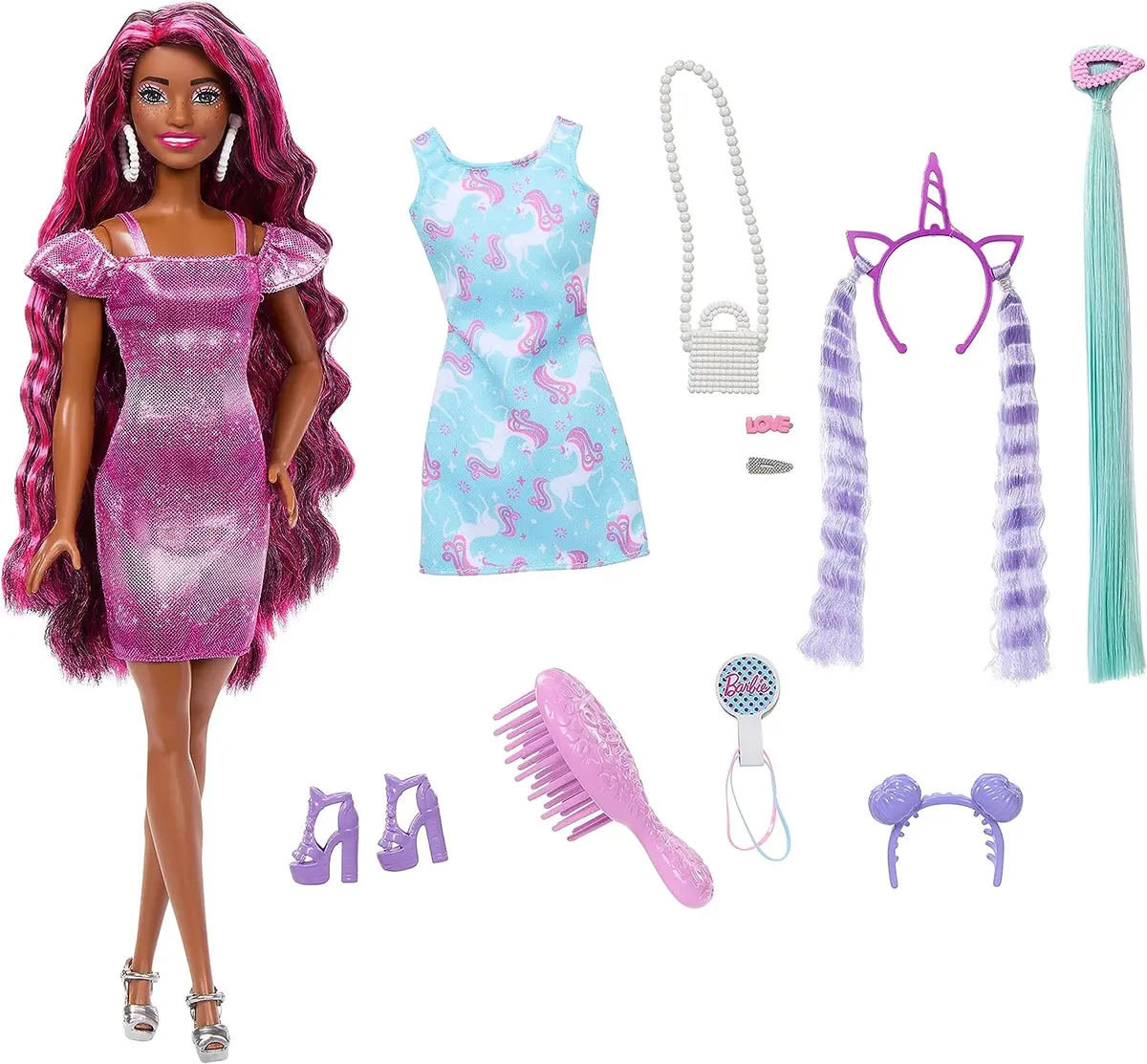 Barbie Fun & Fancy Brunette Hair Doll With Extra-Long Colorful Hair And Shimmery Pink Dress And 10 Hair And Fashion Play Accessories For Kids Ages 3+ 1