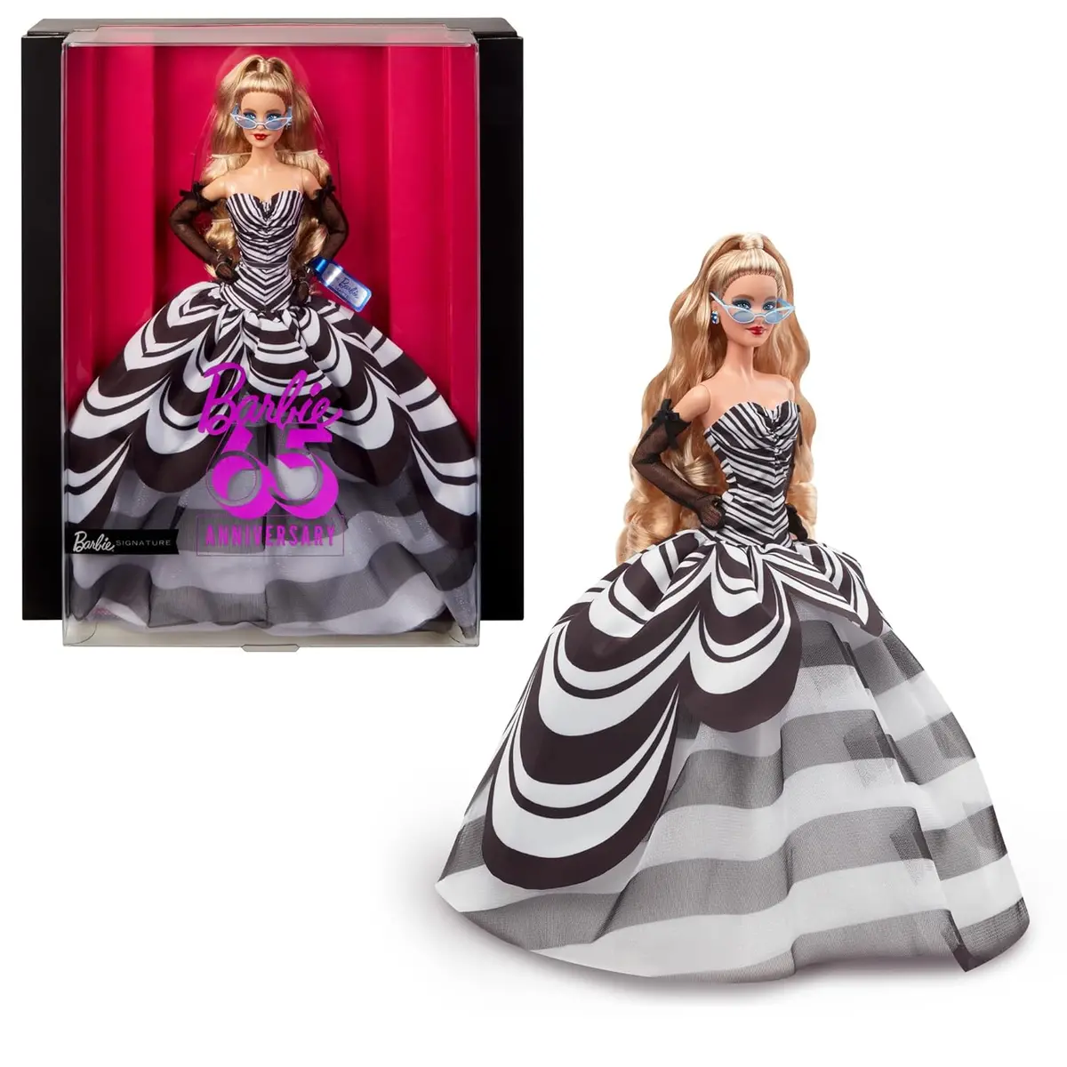 Barbie 65Th Anniversary Signature Doll Collectible With Blonde Hair, Black And White Gown, Sapphire Gem Earrings And Sunglasses For Kids Ages 5+ 1