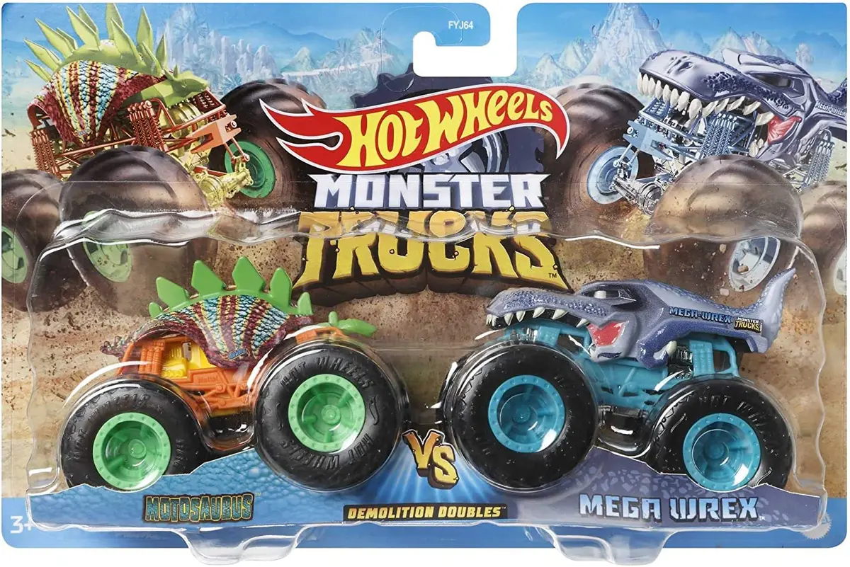 Hot Wheels Monster Trucks 1:64 Scale Demo Doubles 2 Pack Collection, Motosaurus Vs Mega-Wrex 1