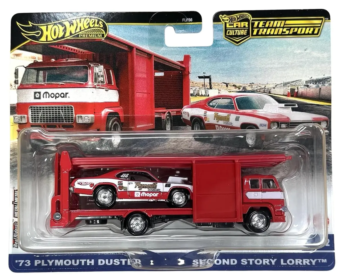 Hot Wheels Car Culture Team Transport 73 Plymouth Duster 1:64 Scale Car & Transport Vehicle For Race Fans & Toy Car Collectors 1