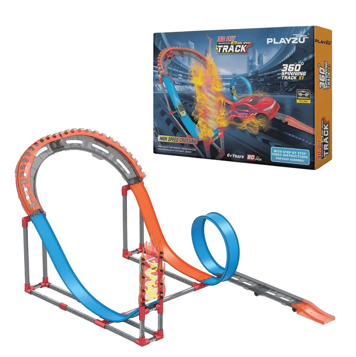 Playzu High Speed Pull Back -Rally 81 Pcs Single 360 Degree Loops Racing Track Game With Building Block Sets And Two Strong 1:64 Scaled Pull Back Cars For Ages 6+ 1