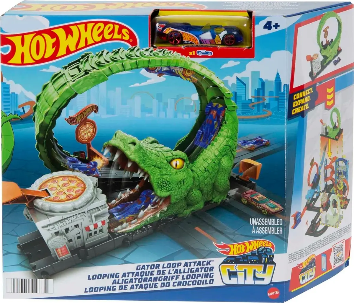 Hot Wheels Track Set With 1 Hot Wheels Car, Adjustable Track That Connects To Other Sets, Gator Loop Pizza Place Playset 1