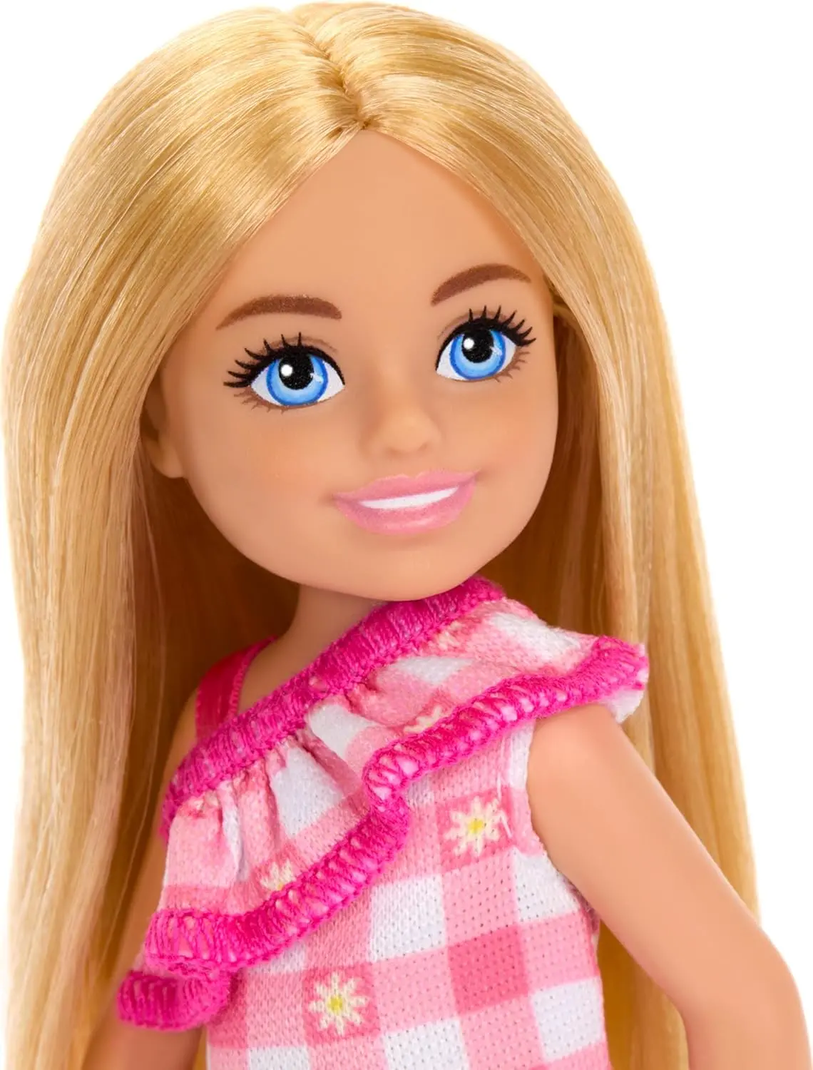 Barbie Chelsea Doll, Small Doll Wearing Removable Checked Dress & Pink Shoes With Blonde Hair & Blue Eyes 2