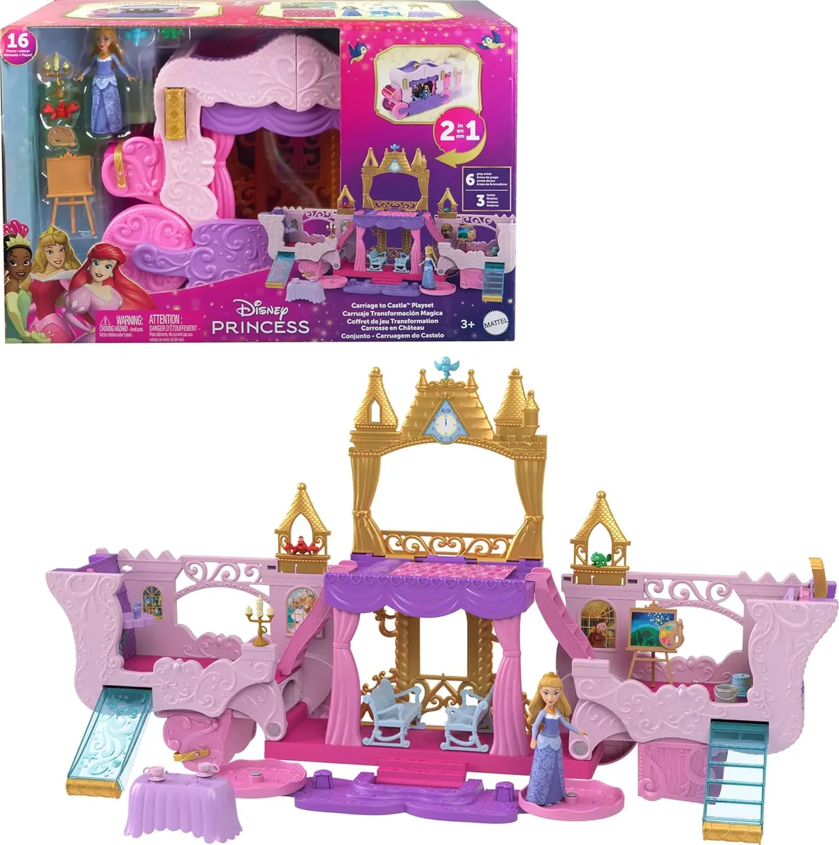 Disney Princess Carriage To Castle Transforming Playset With Aurora Small Doll, 4 Figures, Furniture & Accessories For Kids Ages 3 Years & Up 1