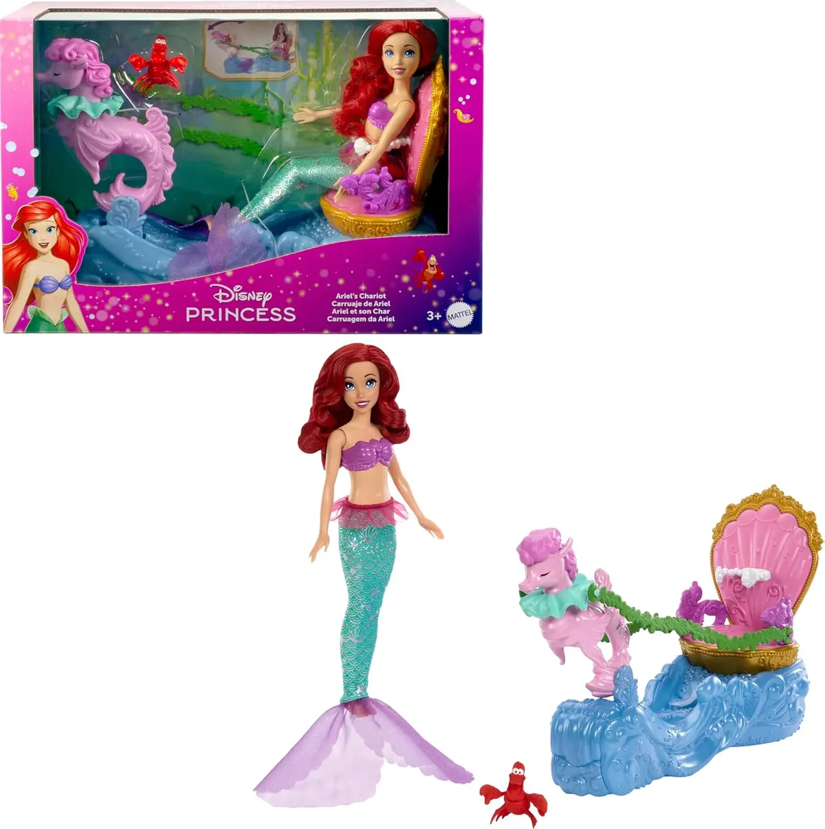 Disney Princess Ariel Mermaid Doll & Rolling Chariot With Removable Fashion Tail & Sebastian Figure Inspired By Disney The Little Mermaid Movie For Kids Ages 3+ 1