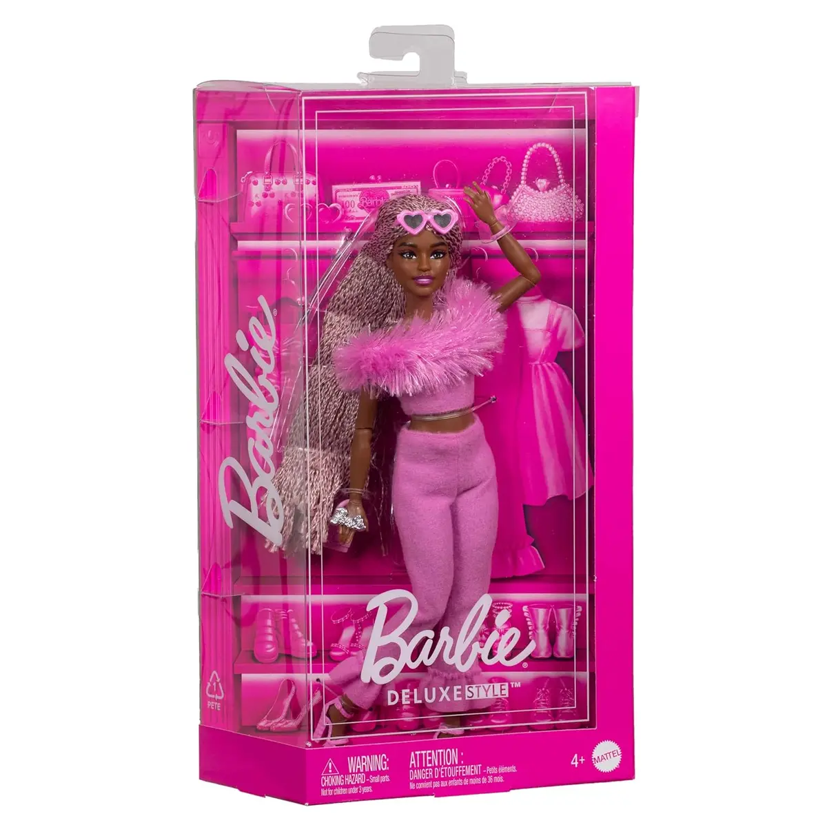Barbie Deluxe Style Doll #4 In Barbiecore Outfit, Pink And Brown Braids, Soft Pink Top And Pant Set With Furry Collar With Accessories For Kids Ages 4+ 1