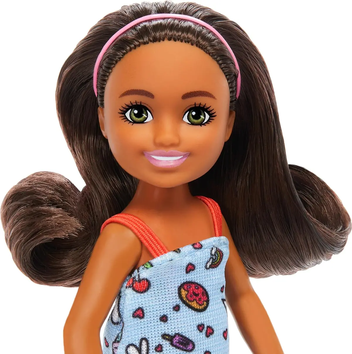 Barbie Chelsea Doll, Small Doll Wearing Removable Blue Dress With Colorful Print & Pink Shoes, Brown Hair & Green Eyes 2