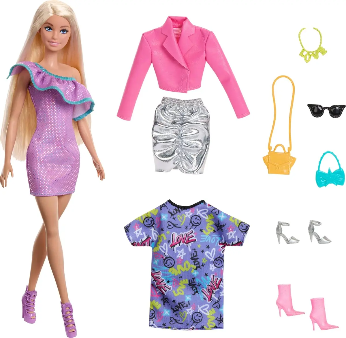 Barbie Blond Hair Doll With 3 Party-Themed Mix-And-Match Outfits Including Dresses, Purses And Heels For Ages 3 Years & Up 1