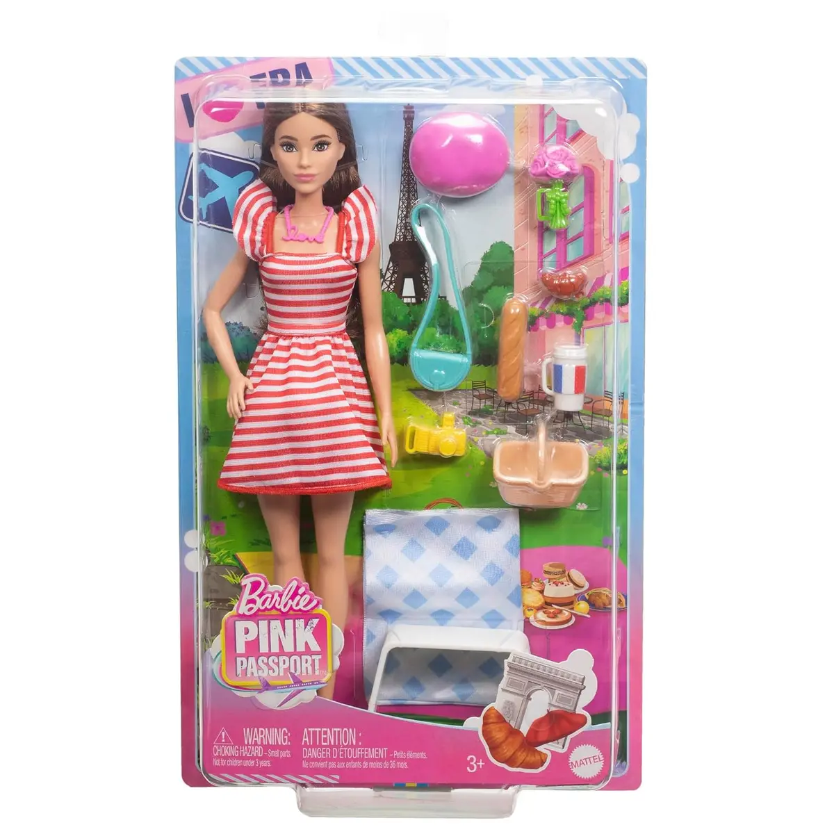 Barbie Pink Passport Paris Doll Set With Clothes & Picnic Accessories, Includes Brunette Doll For Kids Ages 3+ 1