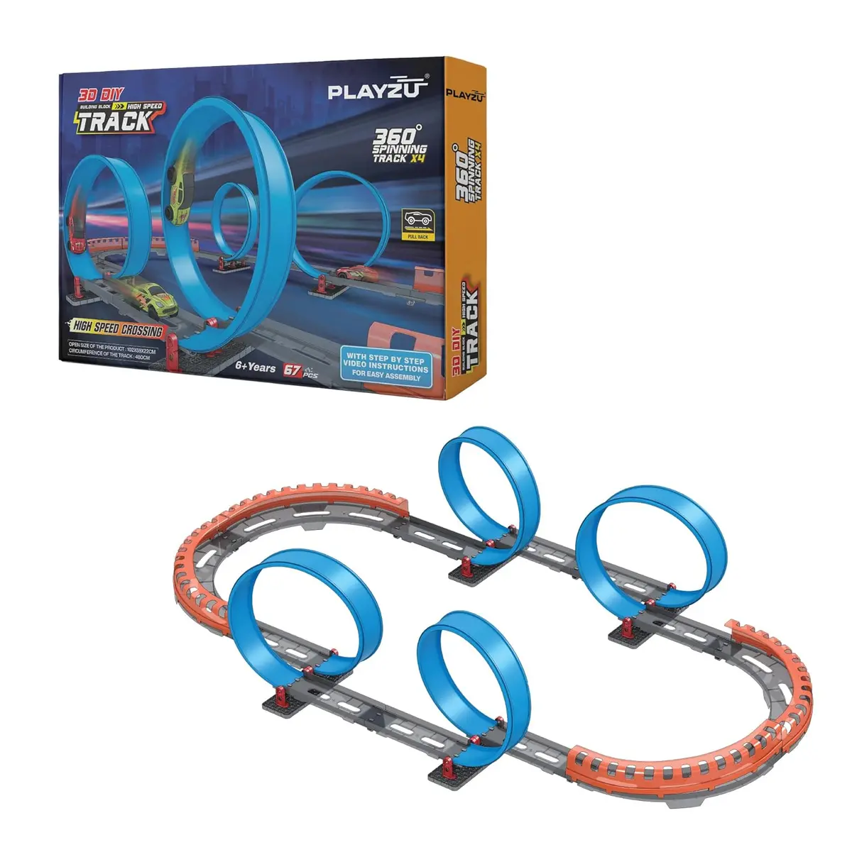 Playzu High Speed Pull Back -4A 66 Pcs Four 360 Degree Loops Racing Track Game With Building Block Sets And Two Strong 1:64 Scaled Pull Back Cars For Ages 6+ 1