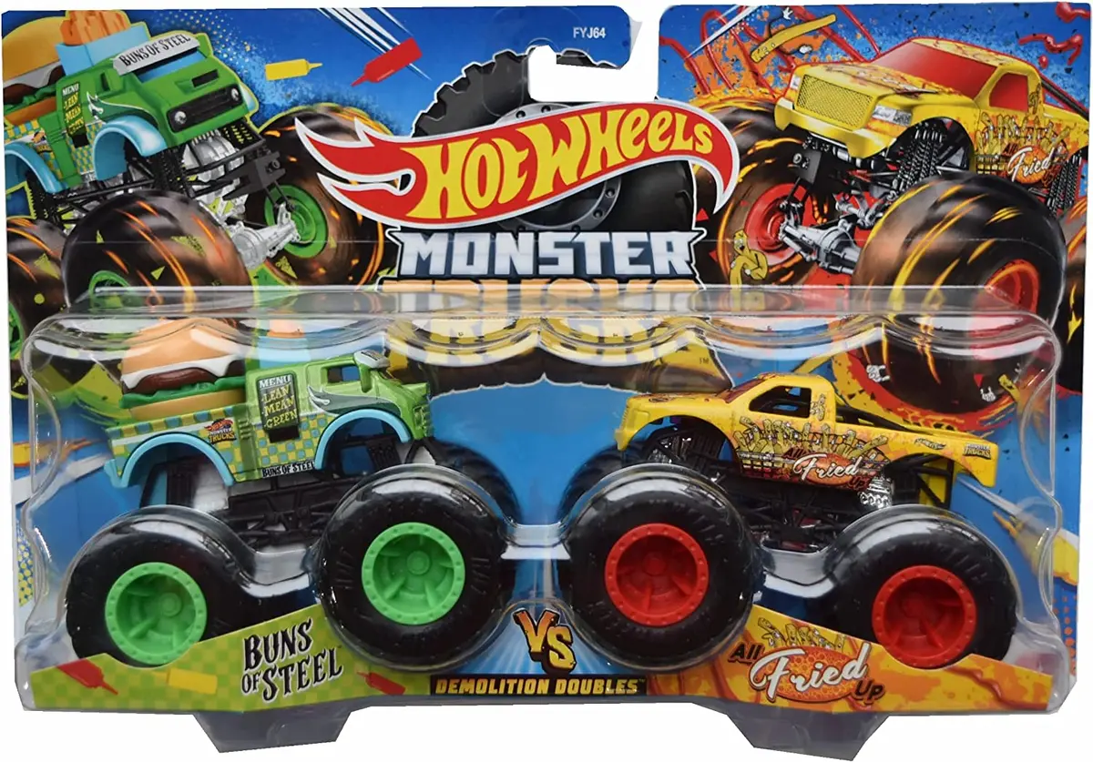 Hot Wheels Monster Trucks 1:64 Scale Demo Doubles 2 Pack Collection, Buns Of Steel Vs All Fried Up 1
