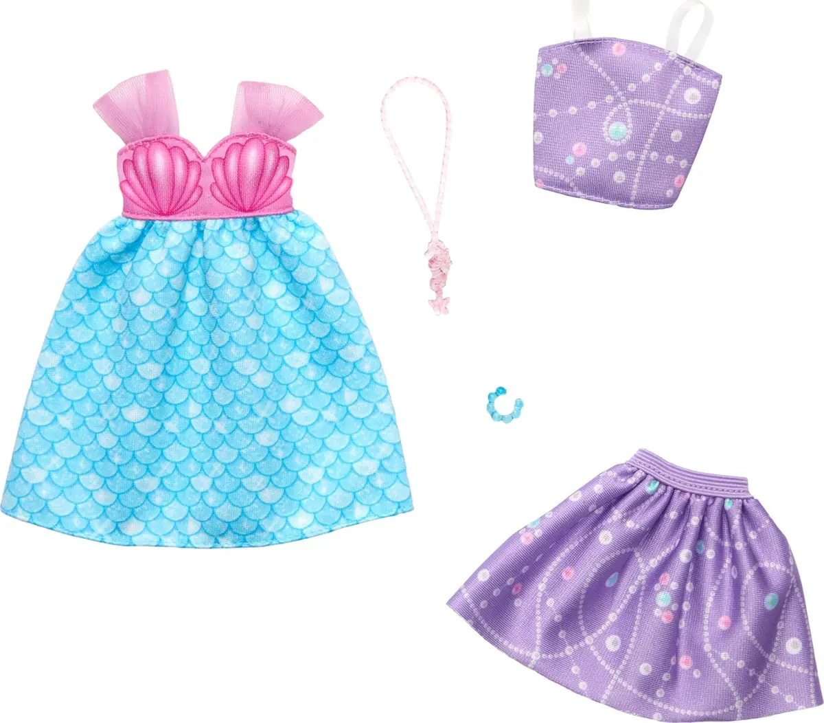 Barbie Fashion 2-Pack, Mermaid Dress, Purple Top + Skirt, Pink Seahorse Necklace, And A Blue Bracelet 1