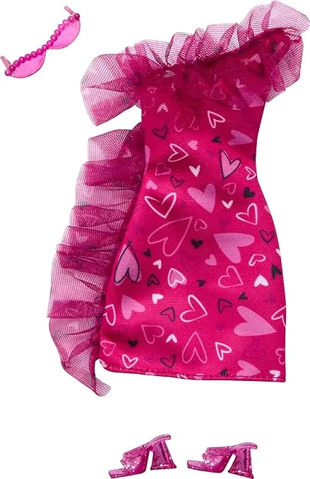 Barbie Doll Clothing, Fashion Pack With Ruffled Pink Heart Dress & Accessories 1