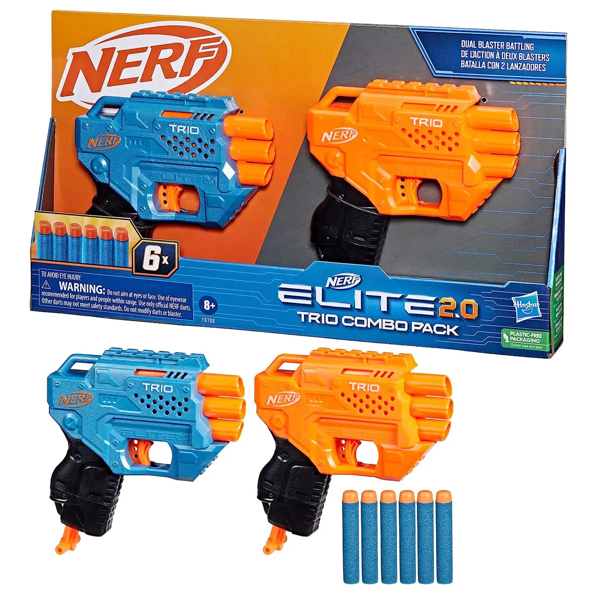 Nerf Elite 2.0 Trio Combo Pack, 2 Trio Nerf Blasters, 6 Nerf Elite Darts, Pull Down Priming, Toy Foam Blaster For Kids Outdoor Games 1