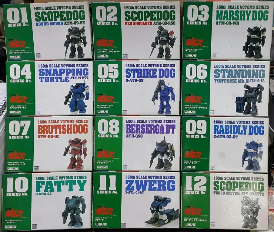 Wave Armored Trooper Votoms 1/60 Votoms Series No.01-12 Scopedog Marshy Dog Snapping Turtle Strike Dog Standing Tortoise Mk.Ii Brutish Dog Berserga Dt Rabidly Dog Fatty Zwerg Plastic Model Kit Set 裝甲騎兵 眼鏡鬥犬 獸犬 強襲犬 狂犬 一套十二款 模型 (Buy) B32243173 1