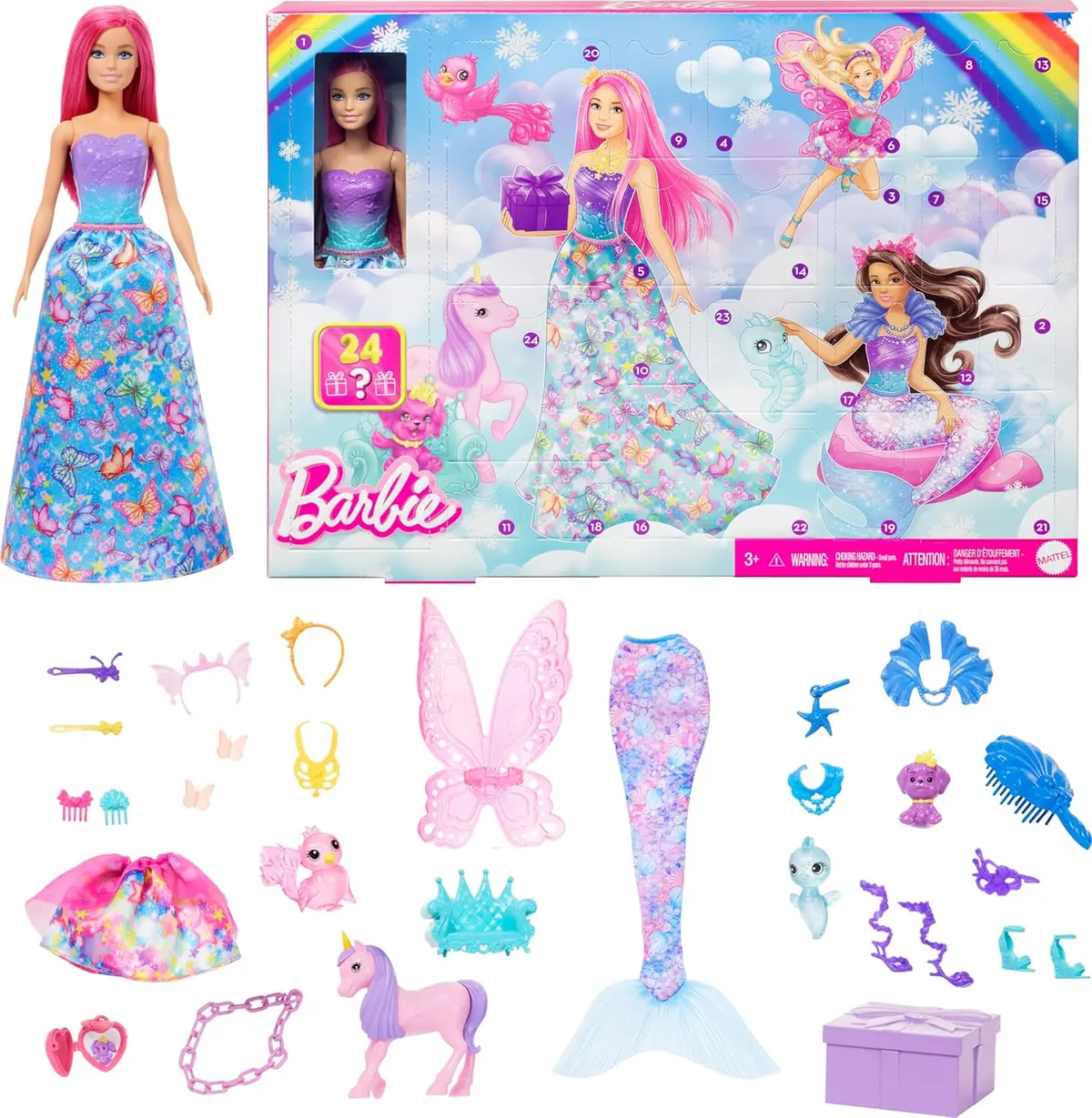 Barbie Advent Calendar With Doll & 24 Surprise Accessories Including Unicorn & 3 Pets, Transform Pink-Haired Fashion Doll Into Mermaid, Fairy & More 1