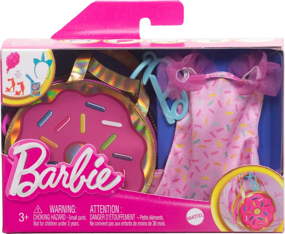 Barbie Clothes And Accessories, Deluxe Keychain Donut Bag With Pink Sprinkle Dress And Candy Themed Accessories For Kids Ages 3+ 1