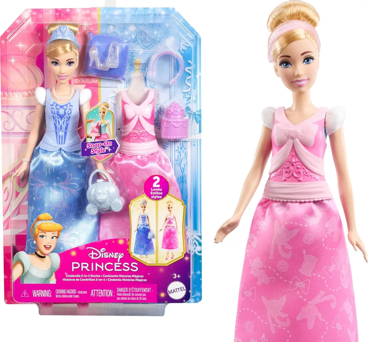 Disney Princess 2-In-1 Stories Cinderella Fashion Doll With 2 Snap-On Bodices, 2 Skirts & 9 Accessories For Kids Ages 3+ 1