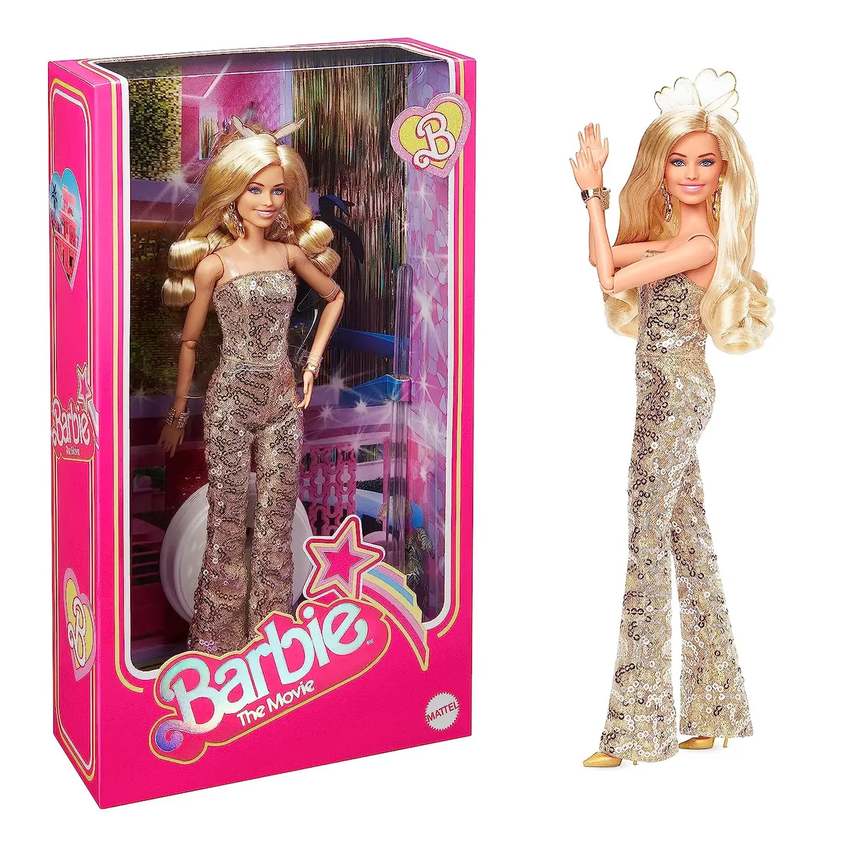 Barbie The Movie Margot Robbie Doll Wearing Gold Disco Jumpsuit With Glossy Curls And Golden Heels For Ages 3 Years And Up 1