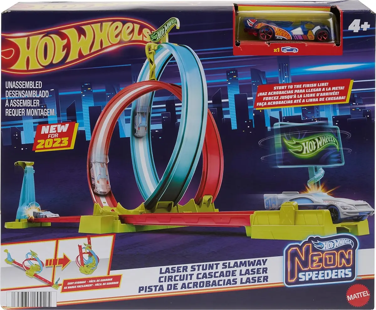 Hot Wheels Neon Speeders Track Set, Laser Stunt Slamway With 1 Hot Wheels Car, Tri-Colored Track, Connects To Other Sets, Easy Storage For Kids Ages 5+ 1