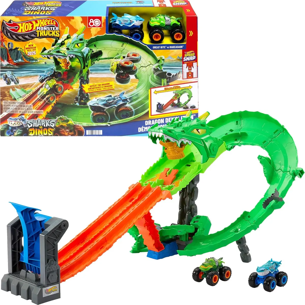 Hot Wheels Monster Trucks Sharks Vs. Dinos Dragon Destruction Playset With 1:64 Scale Great Bite & Rageasaur, Race To Defeat The Cyborg Nemesis For Kids Ages 3 Years & Up 1