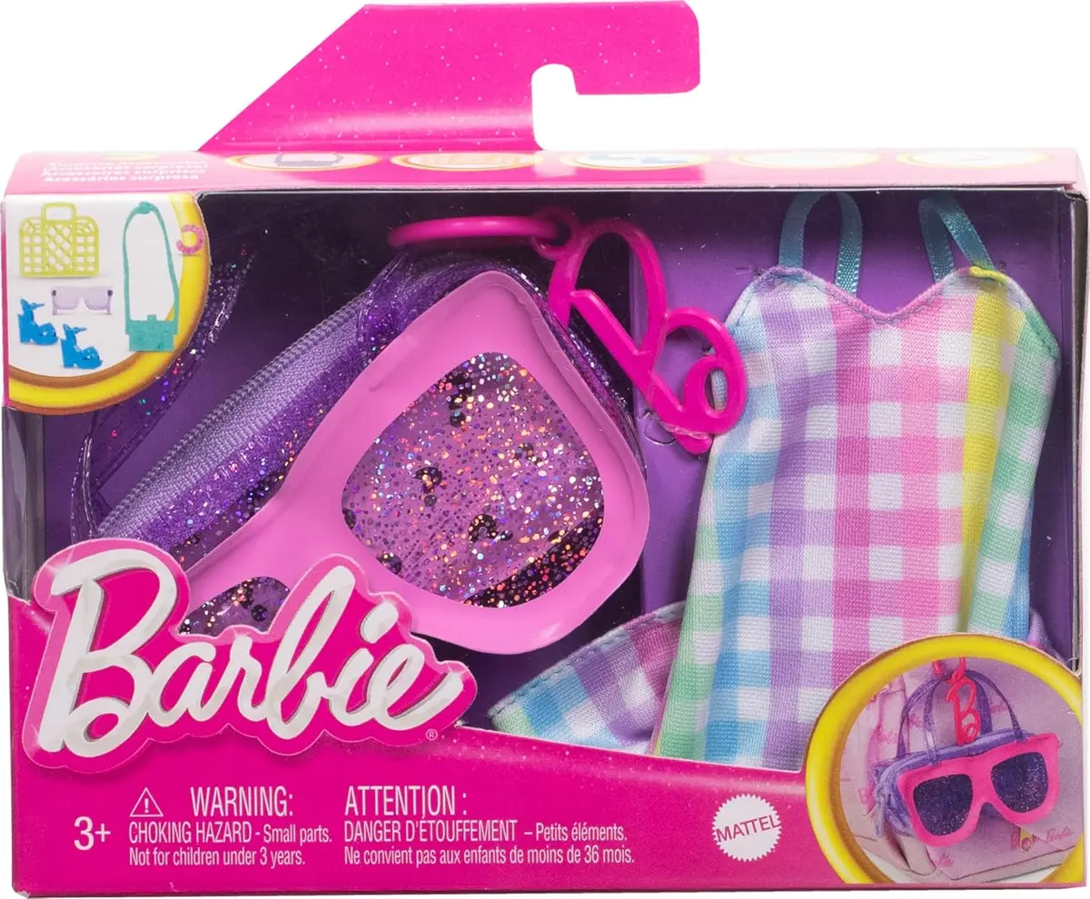 Barbie Clothes And Accessories, Deluxe Sunglasses-Shaped Bag With Keychain, Multicolor Gingham Dress And Summery Accessories For Kids Ages 3+ 1