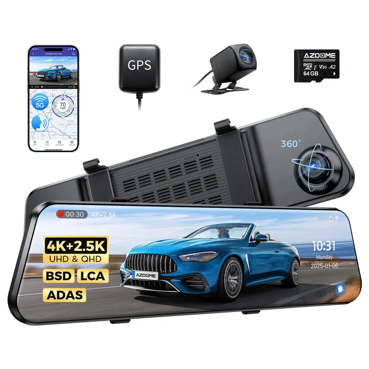 Azdome Pg17 Max 2Ch 4K Mirror Dash Cam With 12" Touch Screen 1