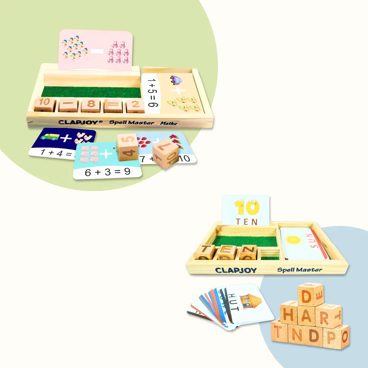 Clapjoy Cubello Spell Master, Math Master With Flash Cards Combo For Kids 1