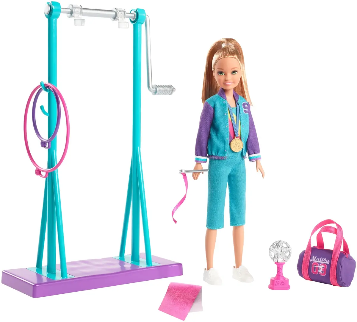 Barbie Team Stacie Doll And Gymnastics Playset With Spinning Bar And 7 Themed Accessories For Kids Ages 3+ 1