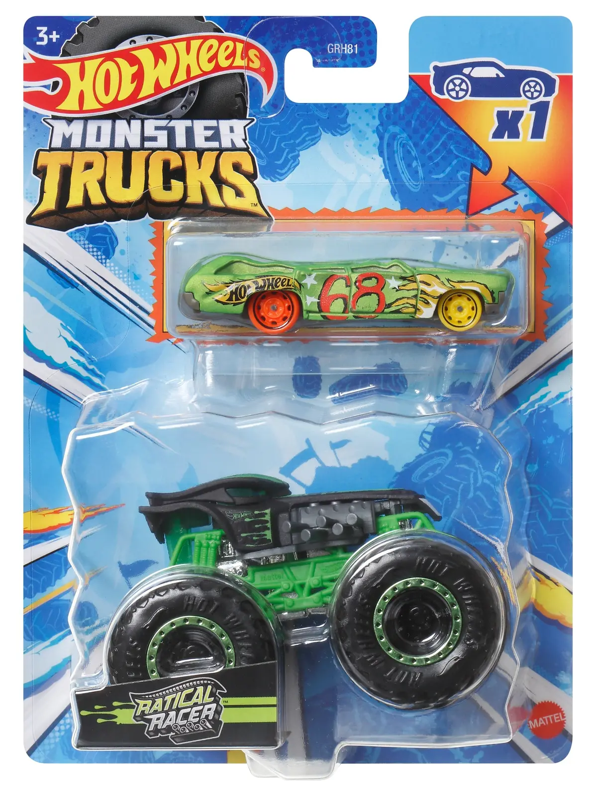 Hot Wheels 1:64 Scale Monster Trucks Ratical Racer Vehicle Pack Of 2 1