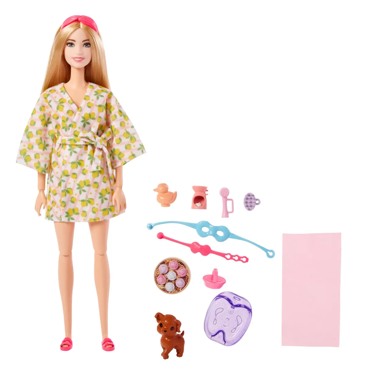 Barbie Wellness Doll Playset With Blonde Doll With Pet Puppy, Barbie Sets, Spa Day, Lemon Print Bathrobe, Headband And Eye Mask For Kids Ages 3+ 1