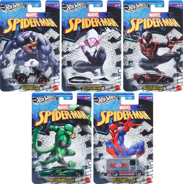 Hot Wheels 2026 Marvel Spider-Man Silver Celebration Series 1:64 Scale - Set Of 5 Cars 1