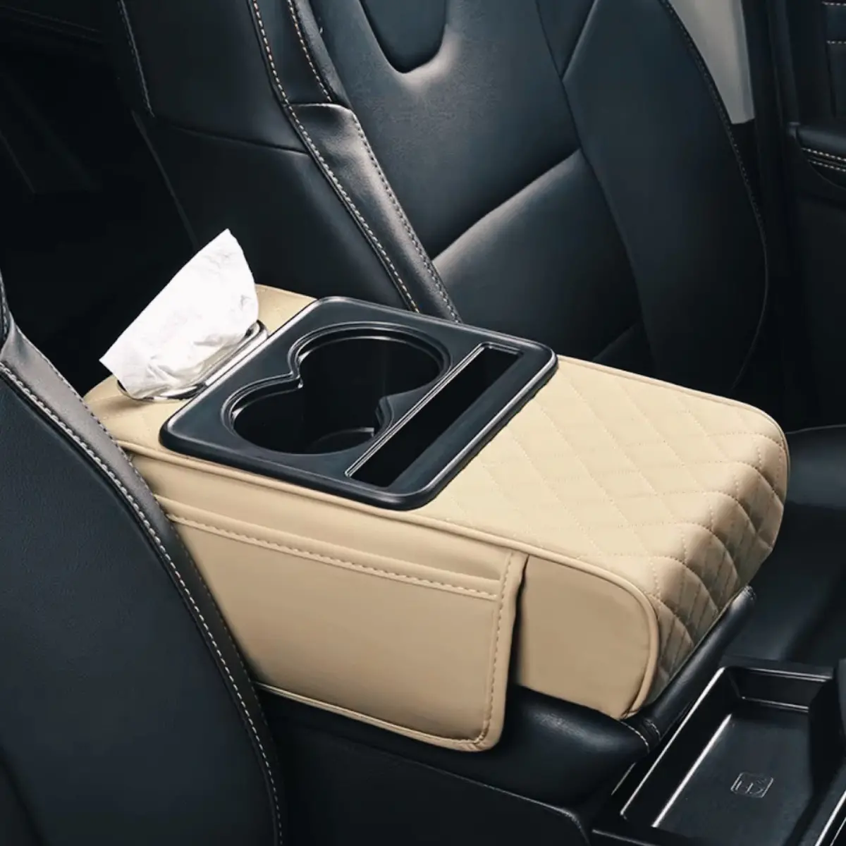 Pu Leather Armrest With Tissue Box & Cup Holders 1